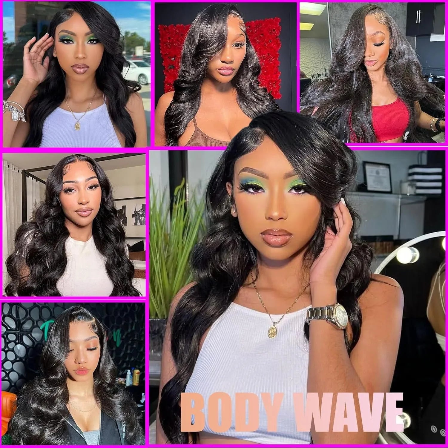 Black medium length curly synthetic wig showing defined wave pattern and full-head coverage