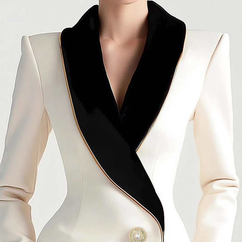 Women's irregular cut long sleeve coat with golden edge detailing and pearl buttons in milky white