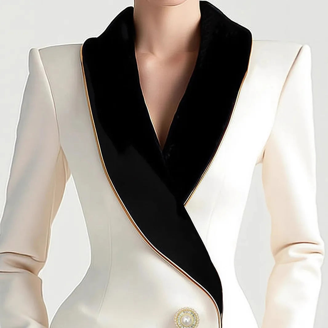 Women's irregular cut long sleeve coat with golden edge detailing and pearl buttons in milky white