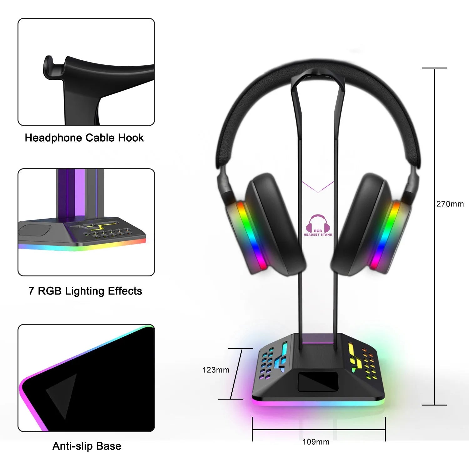 RGB headphone display stand with dual USB ports in black acrylic on a desk