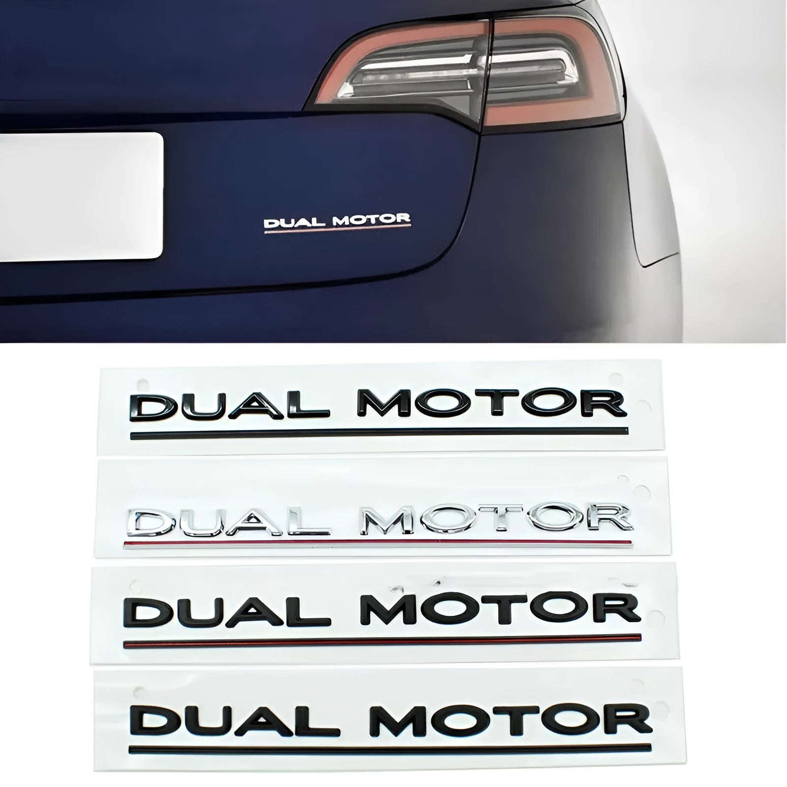 Tesla Model 3 dual motor performance sticker in black and red on a car bumper