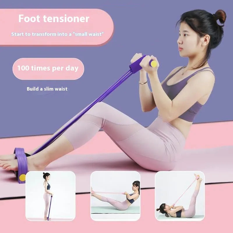 Yoga four-piece set showing a leg beauty device, yoga ring, pedal tension device, and figure eight tension rope.