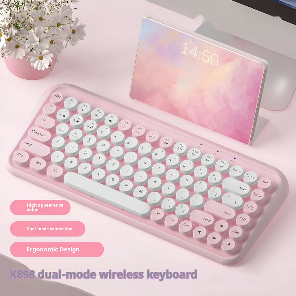 Pink wireless Bluetooth keyboard with 84 silent mechanical keys and compact design
