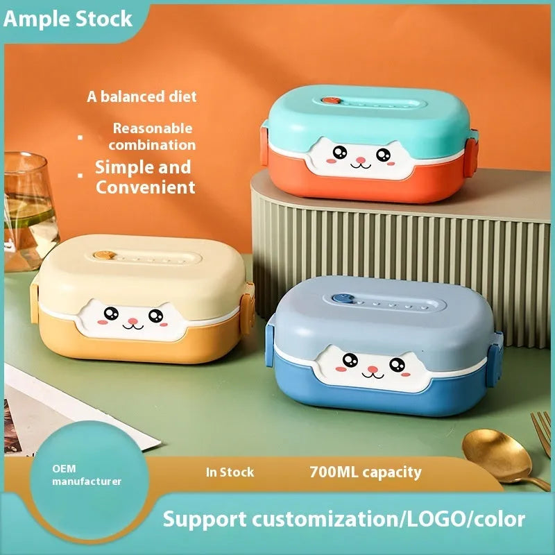 Square plastic cartoon lunch box with divided compartments in dark blue, orange yellow, or pink and green colours