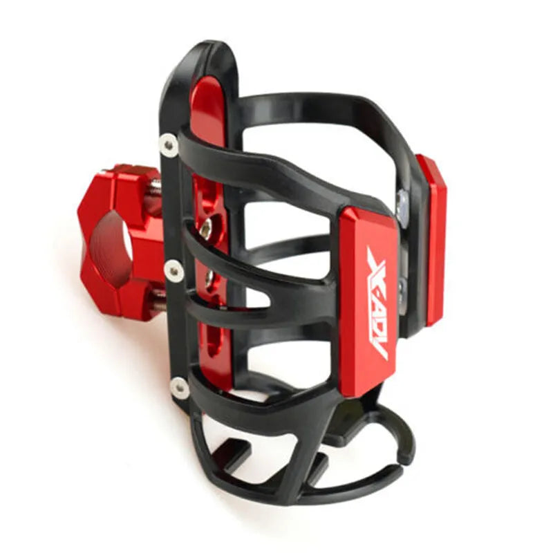 Black modified water bottle cage mounted on a Honda X-ADV scooter bumper for drink storage.