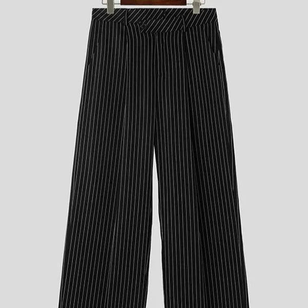 Men's black vertical striped pleated casual trousers with high elasticity waistband