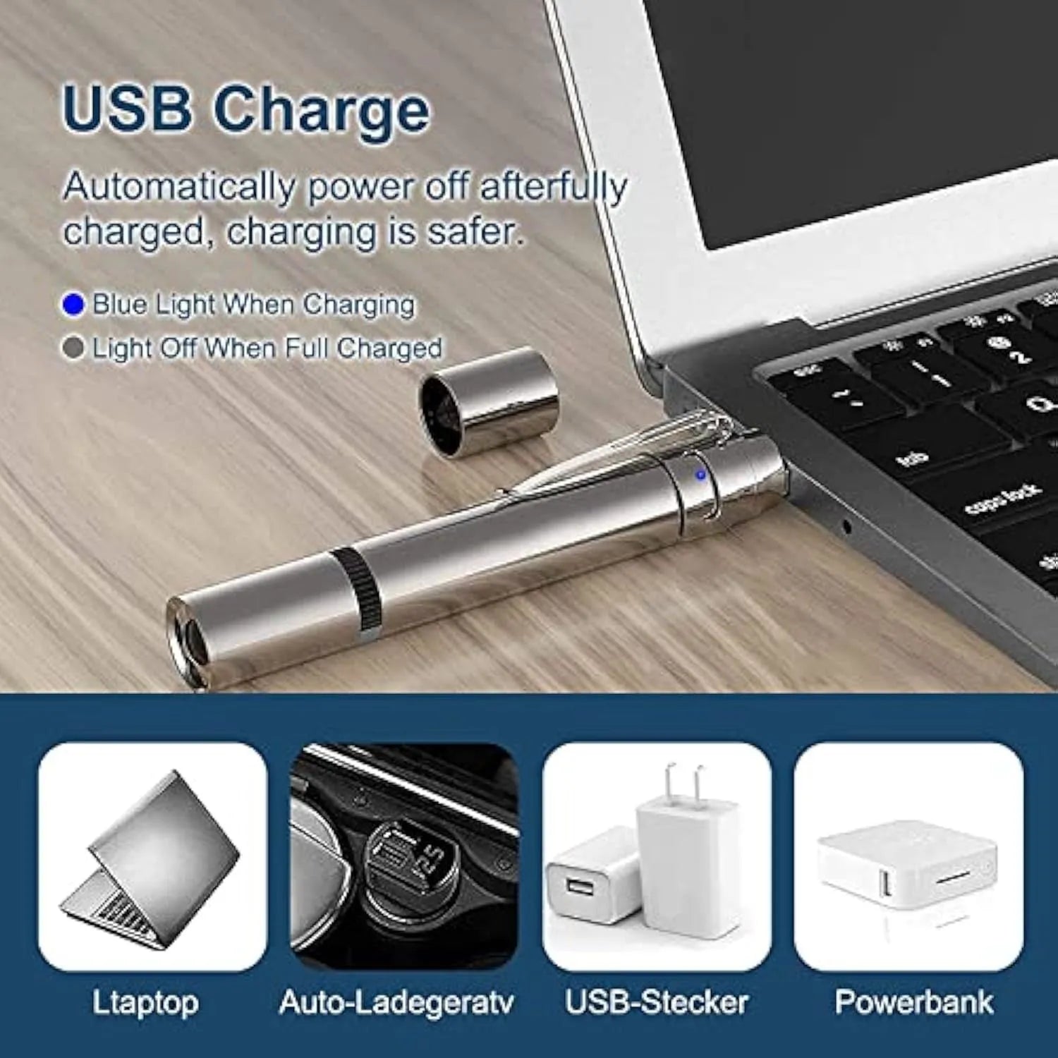 Silver aluminium cat laser pointer toy with USB charging port and projection patterns.