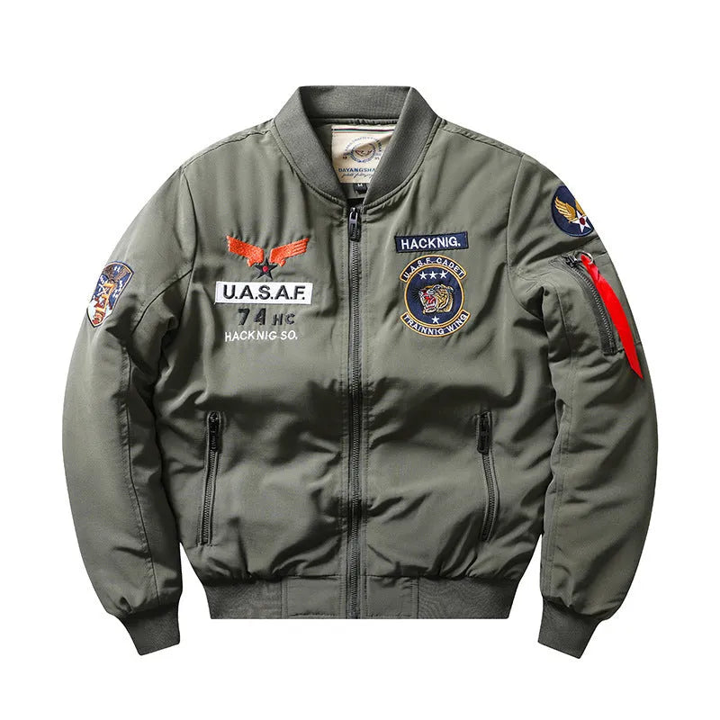 Men's slim-fit black retro Harley Davidson cotton padded coat with stand collar and embroidery.