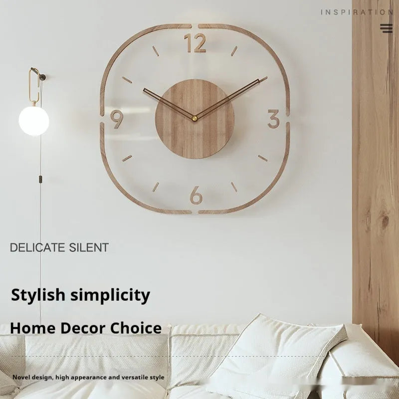 Transparent wooden frame wall clock with clear dial showing modern design, 35cm square size