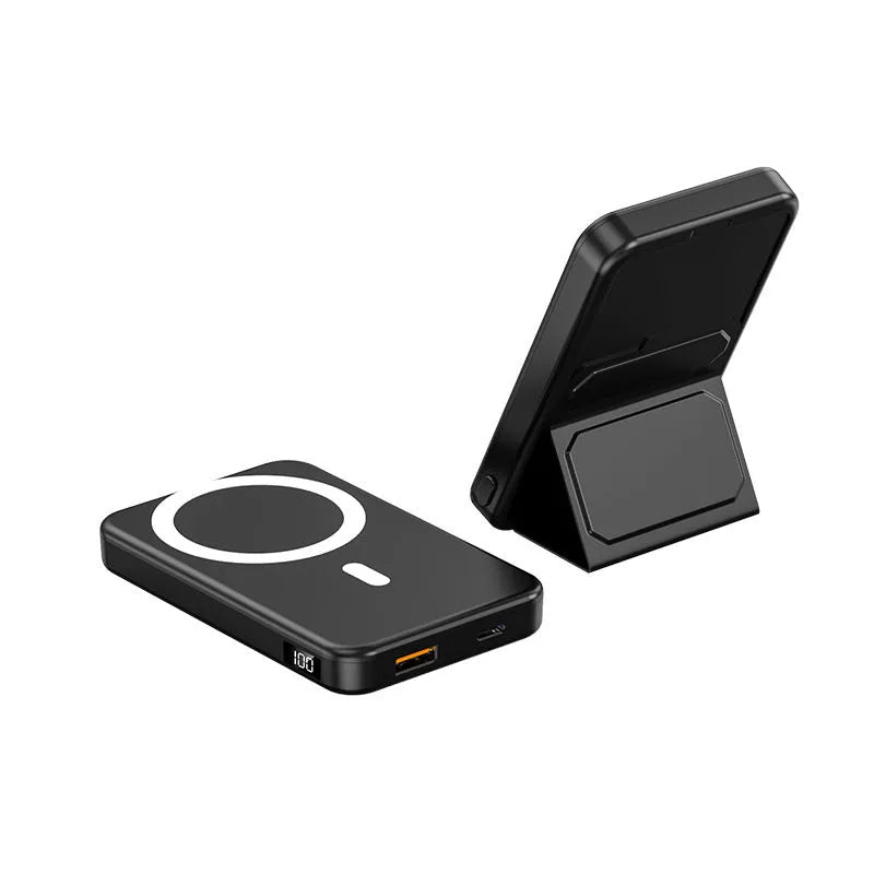 Magnetic suction wireless charging power bank with folding bracket shown in navy blue colour