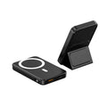 Magnetic suction wireless charging power bank with folding bracket shown in navy blue colour