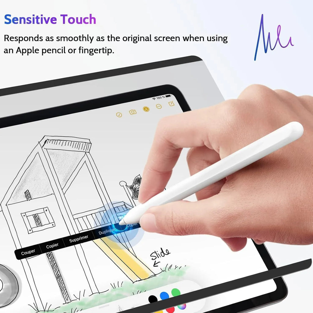 Magnetic iPad privacy screen protector with storage clip shown next to iPad tablet