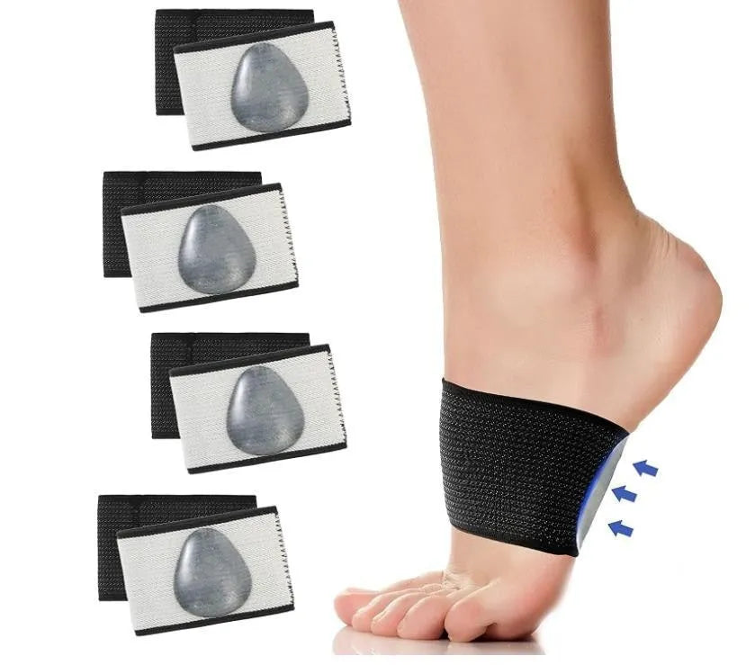 Unisex flat foot support bandage with elastic arch support and a silicone heart pad, shown in two style variations.