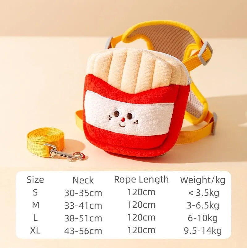 Cartoon hamburger print adjustable vest leash for a dog, showing hook-and-loop fasteners and attached rope.