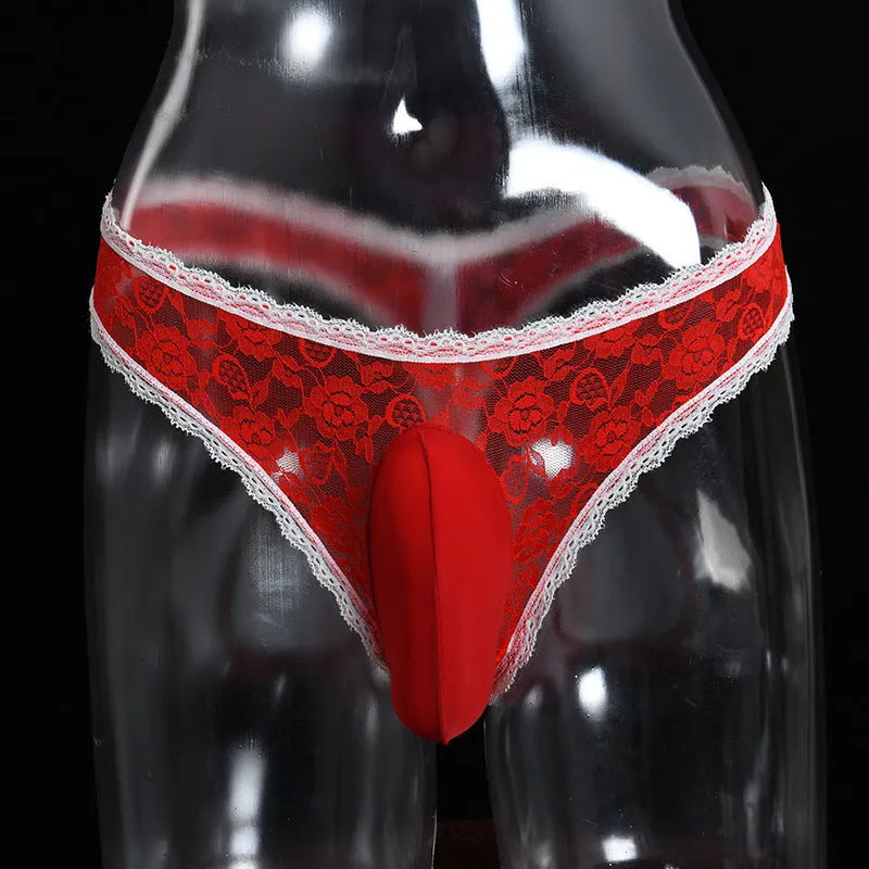 Men's low-waist lace triangle underwear with vertical bag egg design in black colour.