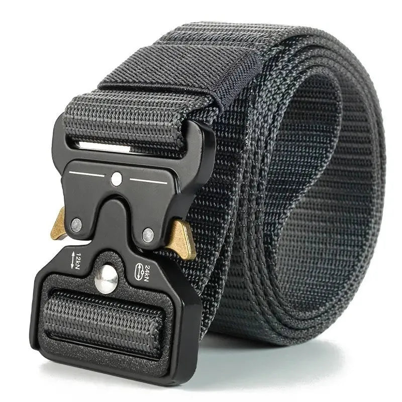 Men's canvas tactical belt with alloy buckle in Army Green colour showing length and buckle detail