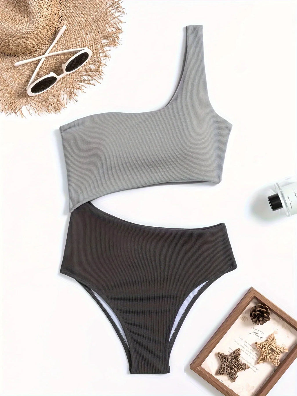 Women's light grey one-shoulder one-piece swimsuit in polyester fabric for swimming