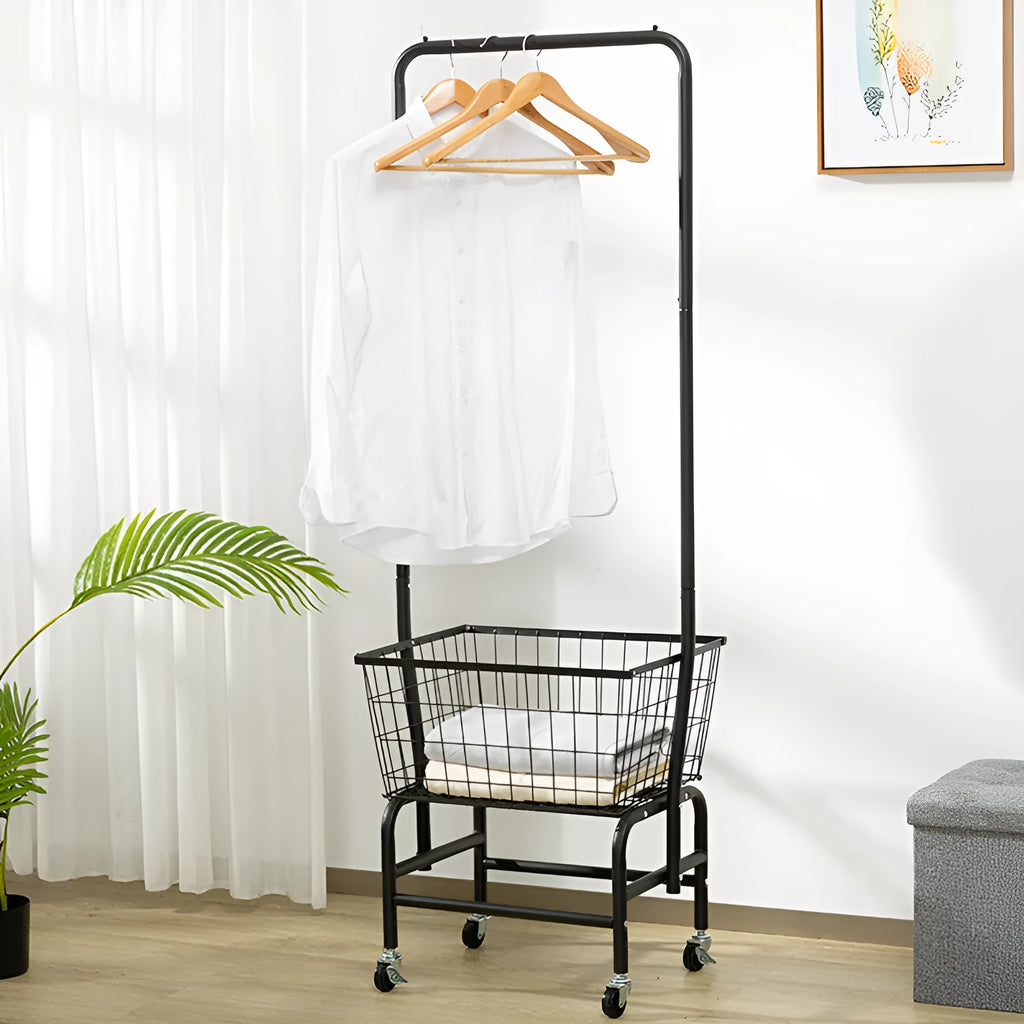 White iron frame pulley storage car with an adjustable hanging rod for trousers and ties.