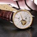 Automatic mechanical men's business watch with hollow three-needle design on brown leather strap