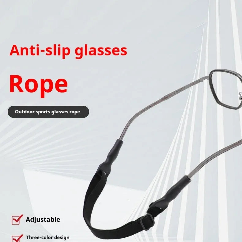 Black adjustable glasses cord with silicone earpiece clips shown on spectacles