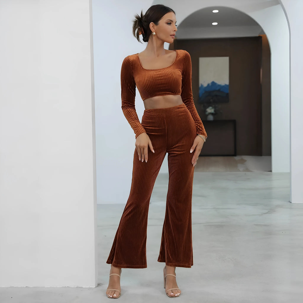 Caramel coloured long sleeve sweater and matching trousers casual set on hanger