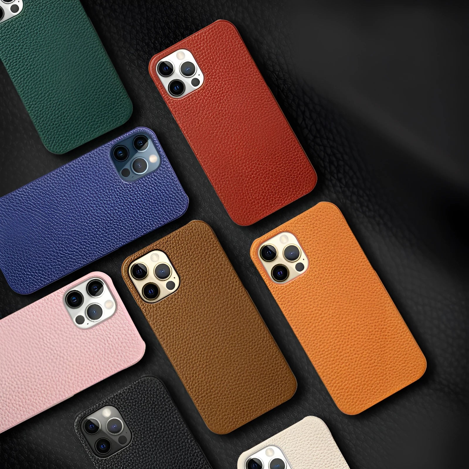 Brown genuine leather half-wrap protective case on an iPhone 14 Pro Max.