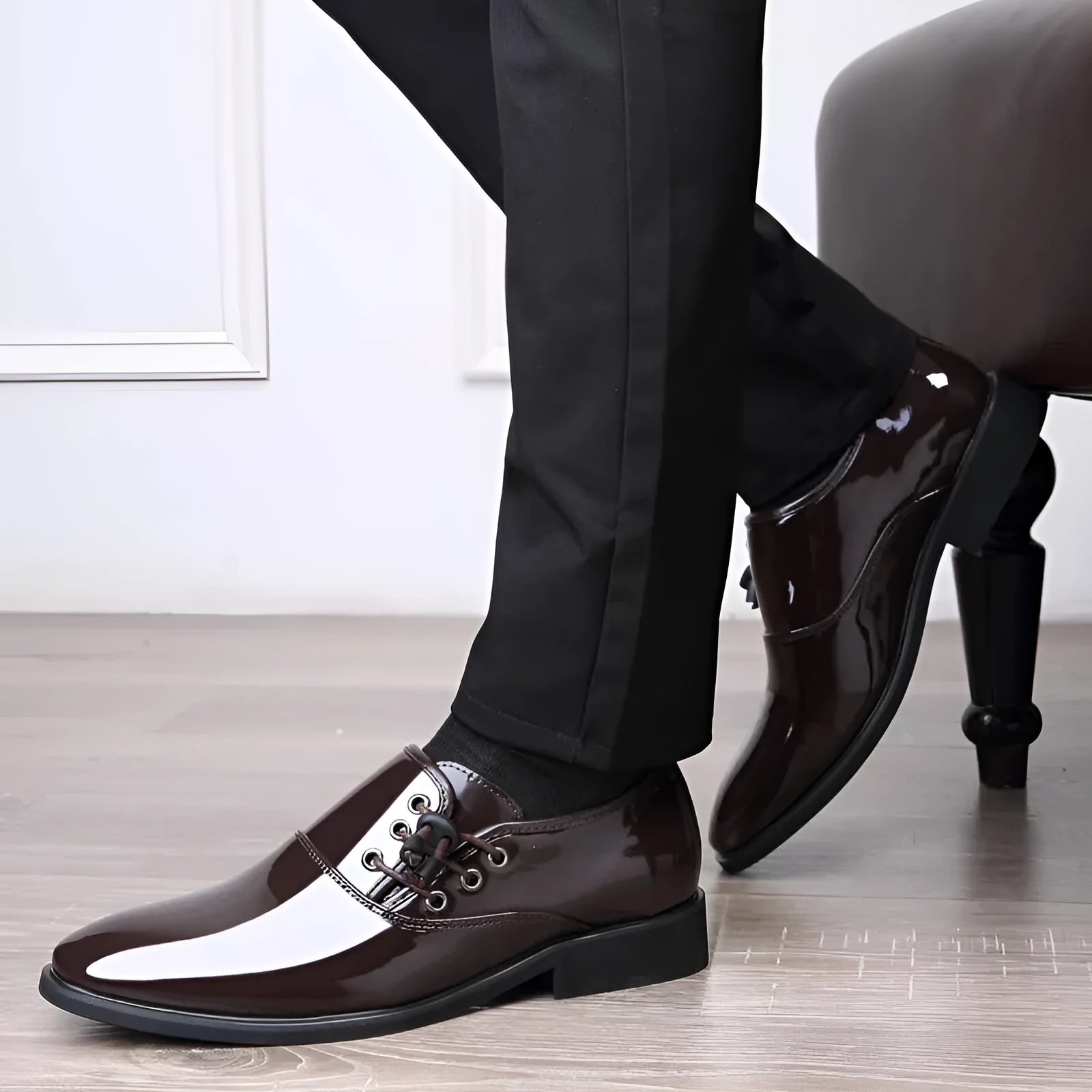 Men's black formal business shoes with artificial PU upper, rubber sole, square heel and round toe