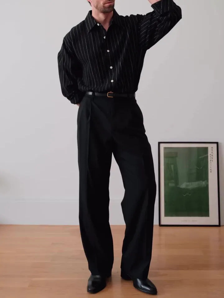 Black pinstriped polyester button-down shirt with regular fit and long sleeves