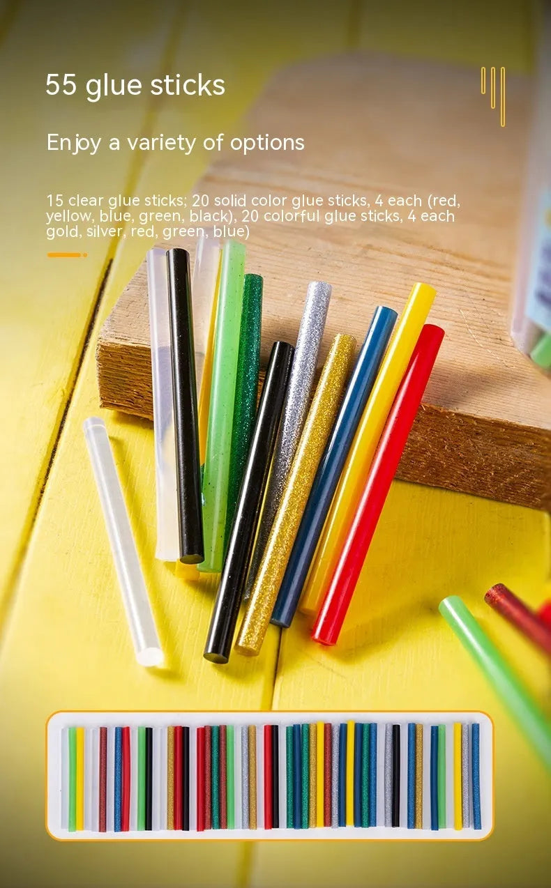 Pack of 55 clear hot melt glue sticks showing 7mm diameter and 100mm length.