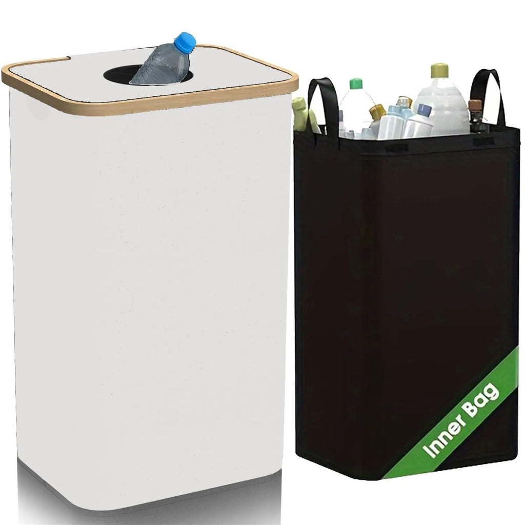 Black bamboo laundry basket with removable lid showing double inner pockets and ventilation holes