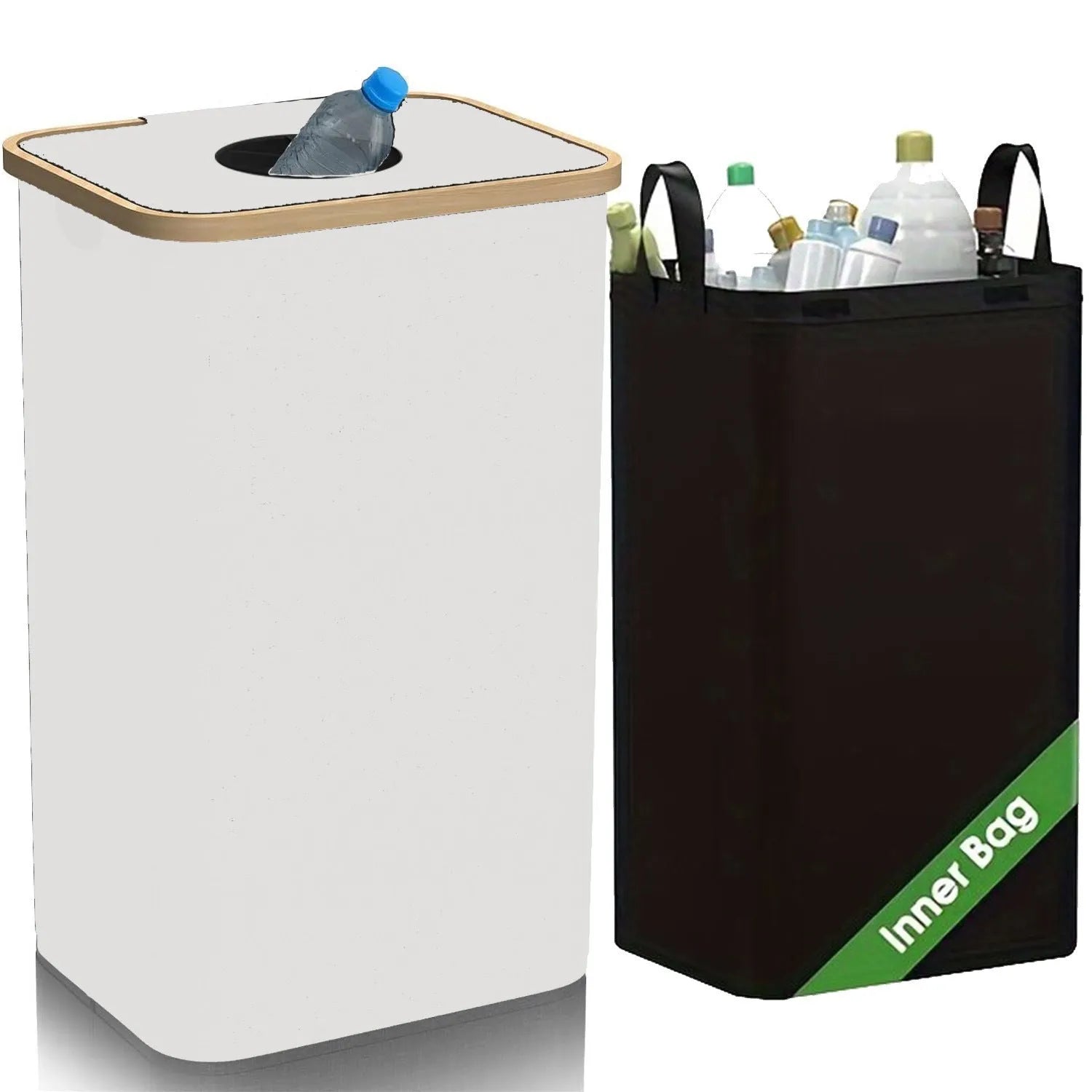 Black bamboo laundry basket with removable lid showing double inner pockets and ventilation holes