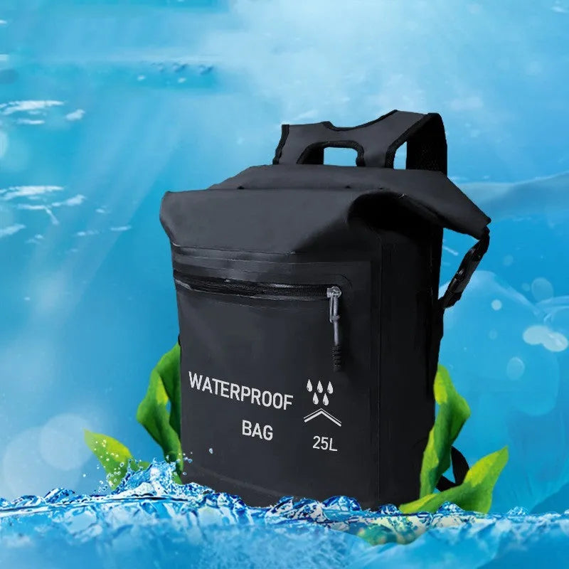 Black 25L outdoor waterproof backpack with 500D mesh clip for swimming and rafting