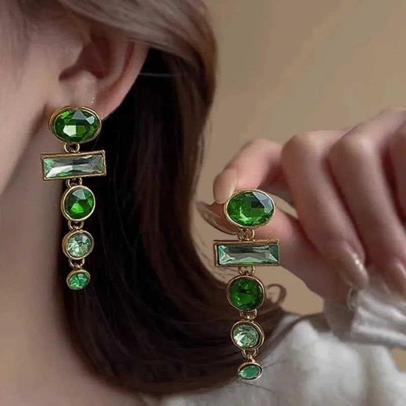 Green gradient retro earrings with geometric Chinese design and zircon inlay