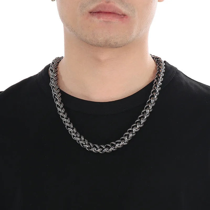 Men's titanium steel keel chain necklace showing vintage design with large hemp flower elements in antique silver finish