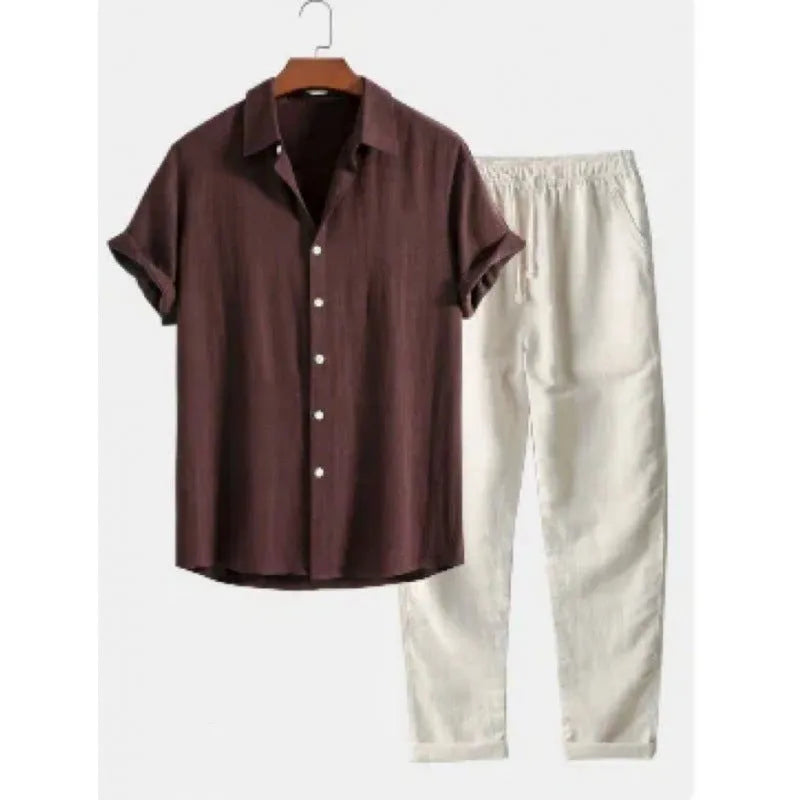 Men's loose fit casual suit with short sleeve shirt and trousers in linen-look polyester fabric