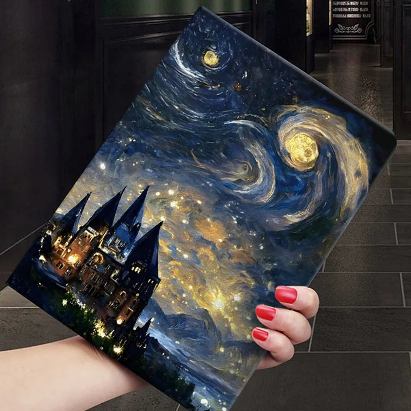 Handmade liquid silicone iPad flip case showing floral artwork design on cover.