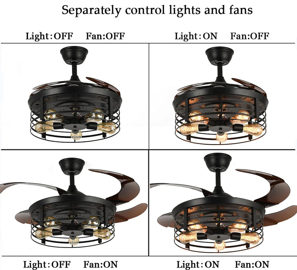 Industrial ceiling fan lamp with integrated lighting and acrylic blades in American retro style