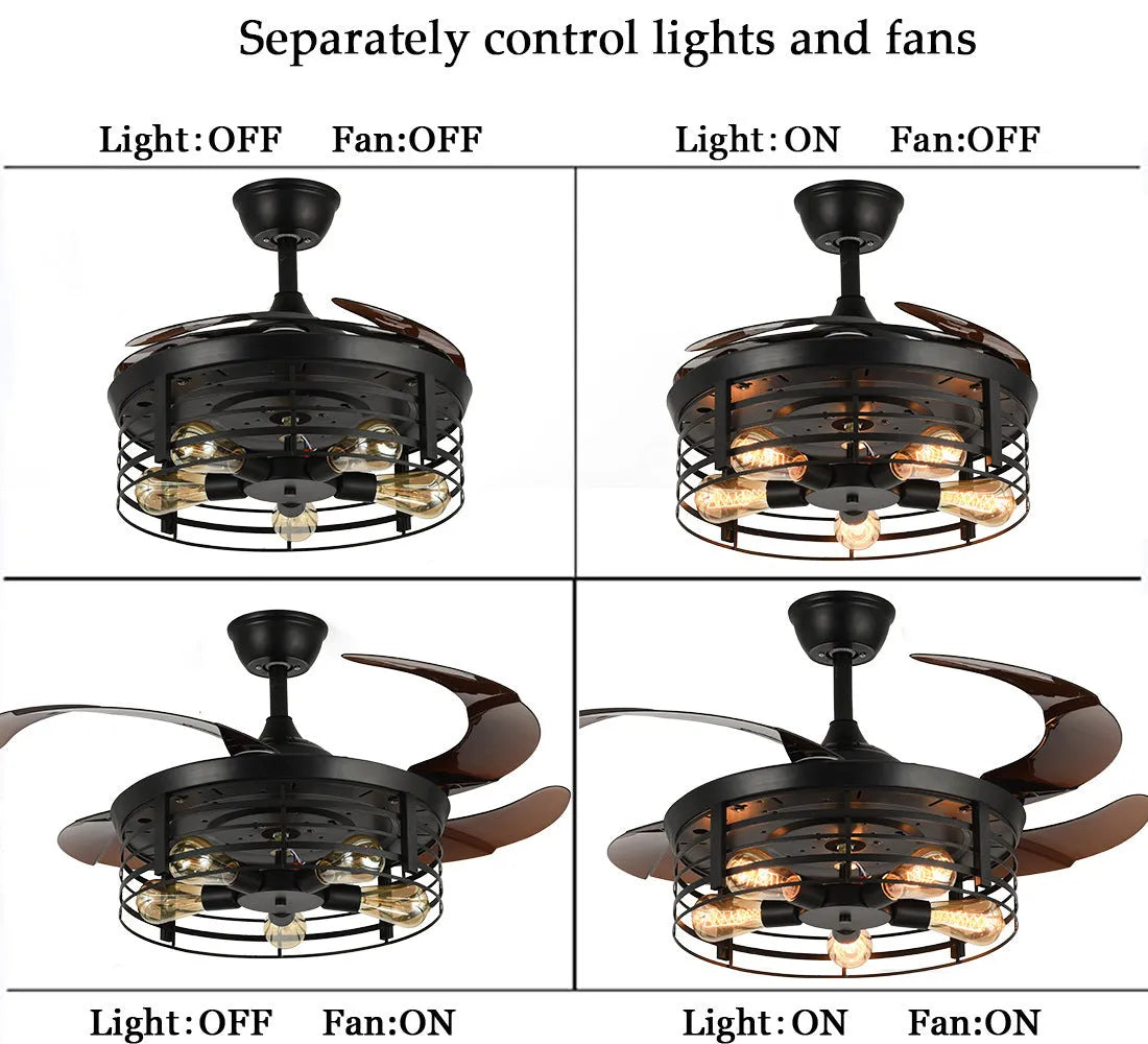 Industrial ceiling fan lamp with integrated lighting and acrylic blades in American retro style