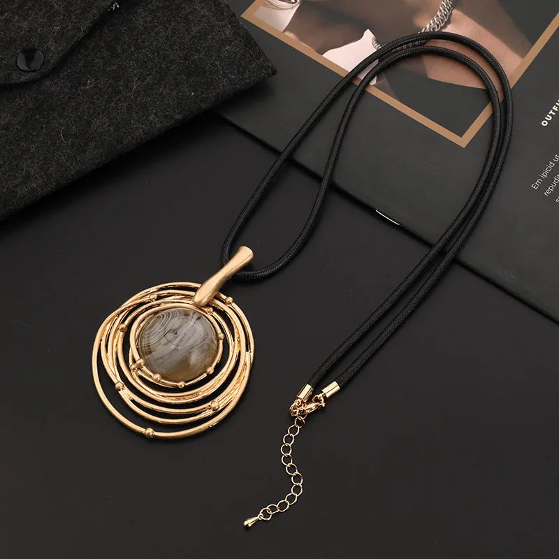 Vintage geometric sweater chain necklace with plaid pattern pendant on adjustable snakeskin rope chain