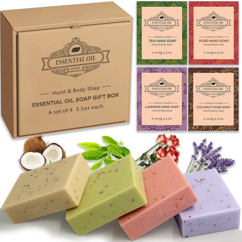 Handmade essential oil soap bar with frosted finish in 100g size showing plant-based ingredients