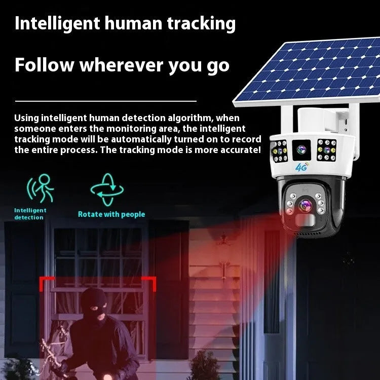 Three-screen binocular surveillance camera with solar panel for outdoor wireless security monitoring