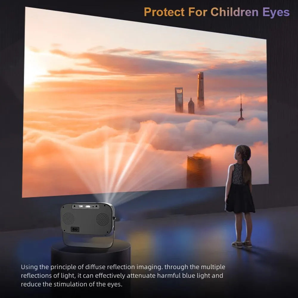 Matte black portable smart HD projector with remote control on wooden surface