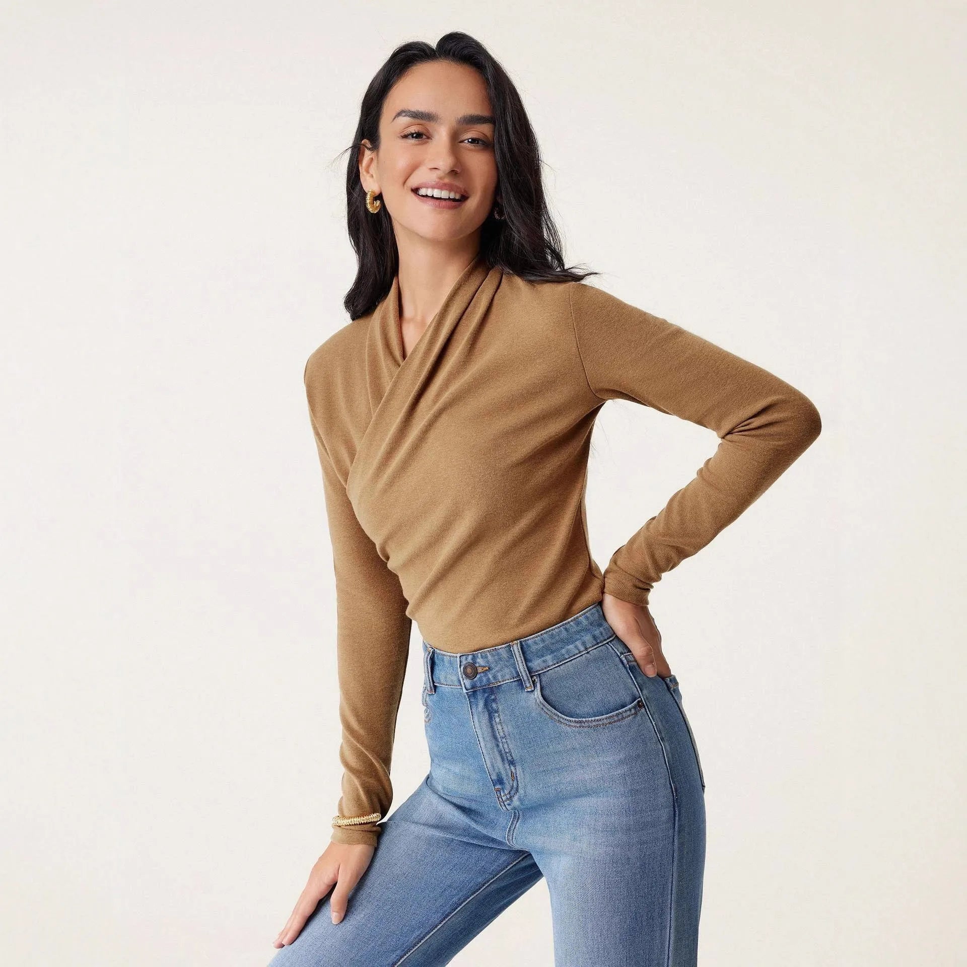 Women's camel colour slim fit pullover sweater with long sleeves on hanger
