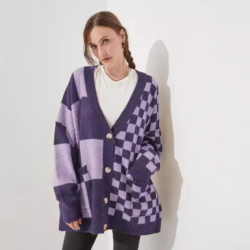Grey loose slim fit checked knit cardigan for women on a hanger
