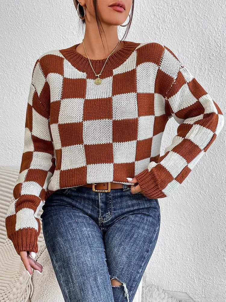 Dark brown plaid acrylic pullover sweater with loose round neck and long sleeves in Japanese casual style