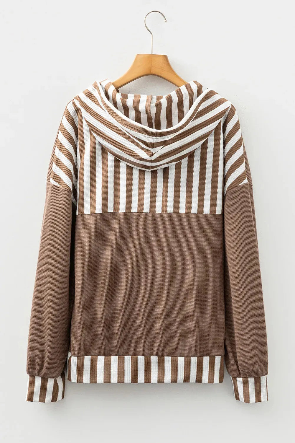 Straw yellow waffle texture hoodie with striped patchwork design and button neck