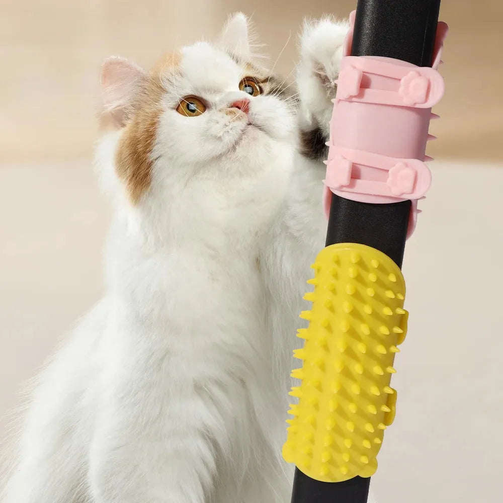 Silicone cat massage comb with rounded teeth and adjustable strap for table legs