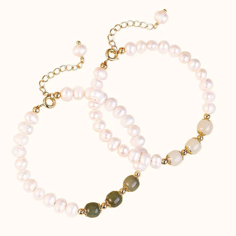 Natural freshwater pearl bracelet with electroplated diamond beads in Hetian jade colour