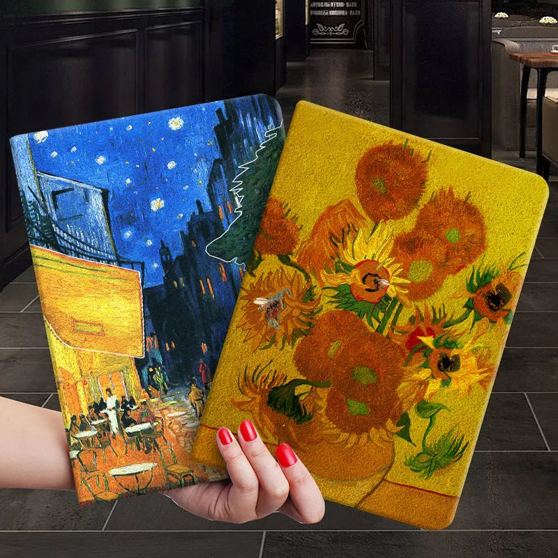 Handmade liquid silicone iPad flip case showing floral artwork design on cover.