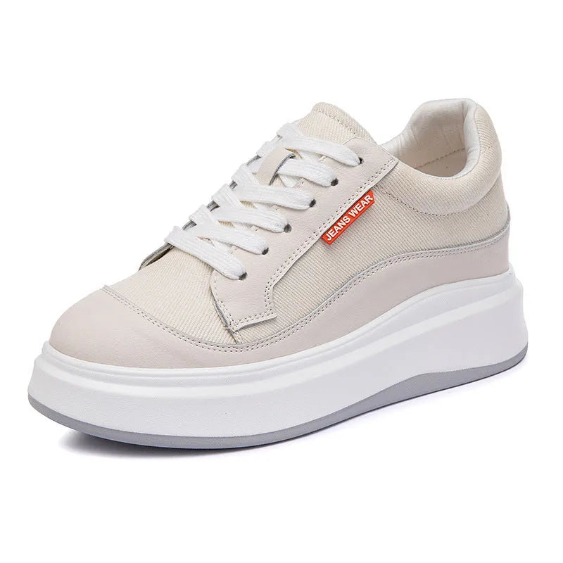 Women's thick-soled leather board shoes in pink and beige colours